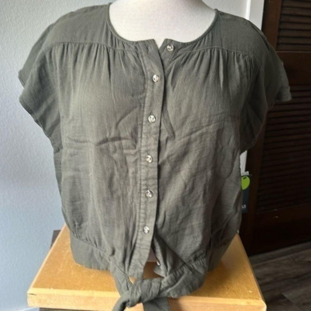 NWT ANA top size XL olive green ties in front casual athleisure short sleeve